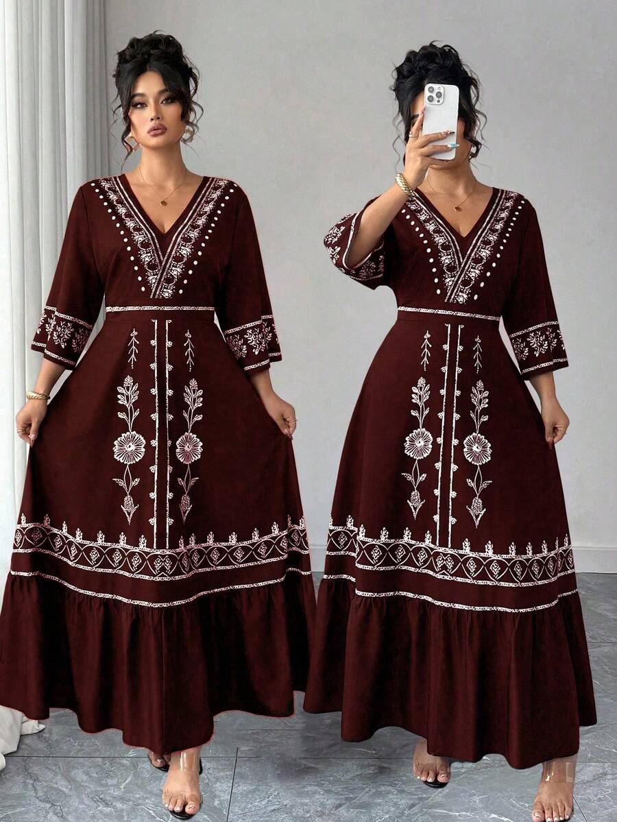 Elenzga Christmas Plus Size Women Placement Print Beach Dress, Bohemian Style - Burgundy - View 1