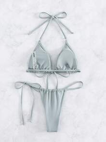 Swim Basics Summer Beach Knot Detail Halter Triangle Bikini Set - Light Grey - View 2