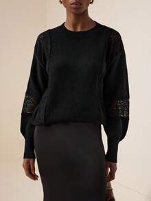 Vesra 女士休闲撞色蕾丝灯笼袖圆领毛衣，秋冬 - 黑色 - 查看 4