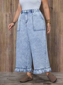 EMERY ROSE Plus Size Denim Vacation Style Frill Trim Wide Leg Pants - Light Wash - View 5