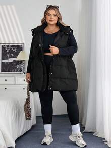 SHEIN CURVE+ Áo khoác mùa đông có mũ trùm đầu màu trơn cỡ lớn, tay dài dày dặn, áo khoác mùa đông/Mùa thu/Mùa đông - màu đen - Xem 9