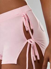 Missguided x Playboy Cut Out Tie Side Fitted Booty Shorts With Script Print Summer Festival Beachwear - Pink - View 5