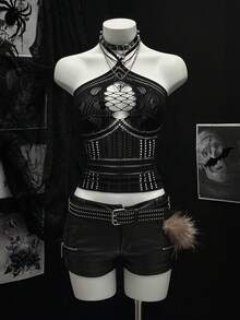 EgrlEra Sexy Vacation Style Green Jacquard Halter Neck Blouse For Women - Black - View 1