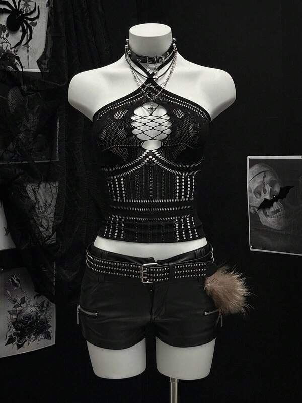 EgrlEra Blusa de cuello halter con estampado jacquard verde, estilo sexy de vacaciones para mujeres