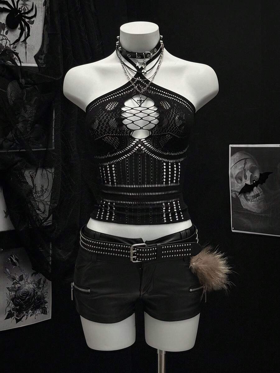 EgrlEra Sexy Vacation Style Green Jacquard Halter Neck Blouse For Women - Black - View 1