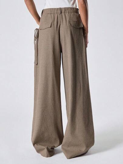 SHEIN EZwear 大码女式格子褶皱阔腿宽松休闲裤毕业、返校、教师秋冬装