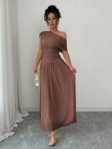 Selianne Váy dài kiểu Pháp thanh lịch màu trơn dành cho nữ, váy dài dệt kim xếp ly bất đối xứng, đầm dạ hội sang trọng - màu nâu - Xem 3