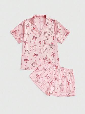 Kawaii طقم بيجامة نسائي حريري مطبوع بأربطة ساتان حلوة للأطفال الرضع