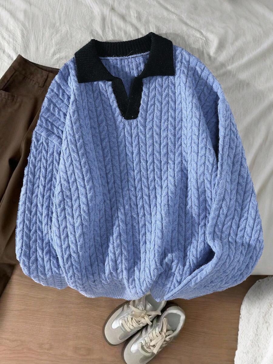 Claim Dot 男式撞色边马球领休闲百搭长袖套头毛衣 - 藍色 - 查看 1