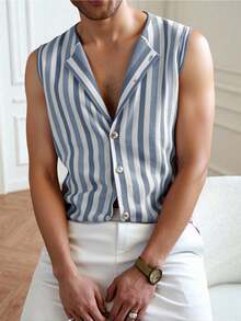 Claim Dot Contrast Stripe Sleeveless Knit Top For Men Summer , Striped Shirt - Blue and White - View 7