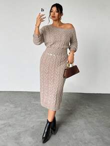 Firerie Große Größen Herbst/Winter Neue Mode Rundhals Sexy schräge Schulter Off-Shoulder Zopfstrick Pulloverkleid