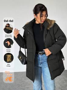 Firerie Plus Size Casual Hooded Fluffy Brown Contrast Color Beanie Hat, Black Cinched Waist Metal Buckle Belt Long Sleeve Thick Padded Coat For Hiking & Skiing, Autumn/Winter Plus Size Winter Coat Plus Size Jackets Plus Size Winter Clothes Women Plus Size Coats Winter Outerwear Women Coats For Women Plus - Black - View 4