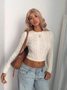 Aloruh 女式复古粗针织圆领修身长袖套头毛衣，秋冬简约杏色打底衫 - 杏色 - 查看 7