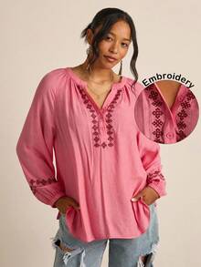 Freevana Plus Size Women Floral Embroidery V-Neck Raglan Sleeve Loose Casual Shirt - Dusty Pink - View 1