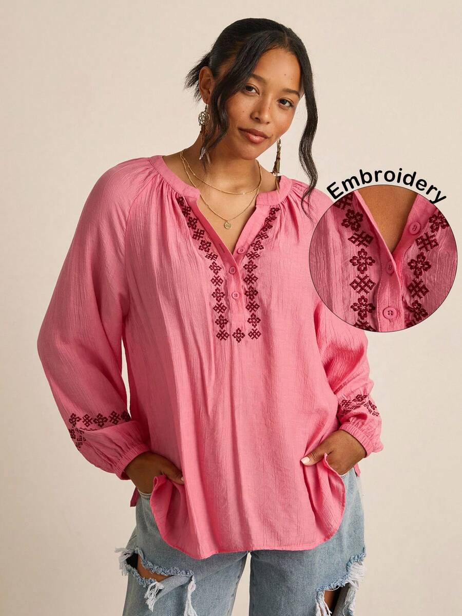 Freevana Plus Size Women Floral Embroidery V-Neck Raglan Sleeve Loose Casual Shirt - Dusty Pink - View 1