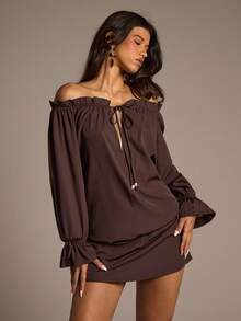 Aloruh Women's Off Shoulder Mini Dress With Puff Sleeves, Ruffle Hem, Bow & Beaded Decor, Bohemian Style Halloween Costumes Goth Dress Halloween Fall Winter Clothes For Women Fall Women Clothes Halloween Clothes Fall Clothes Halloween Clothes For Women Fall Outfits For Women Christmas Party - Brown - View 2