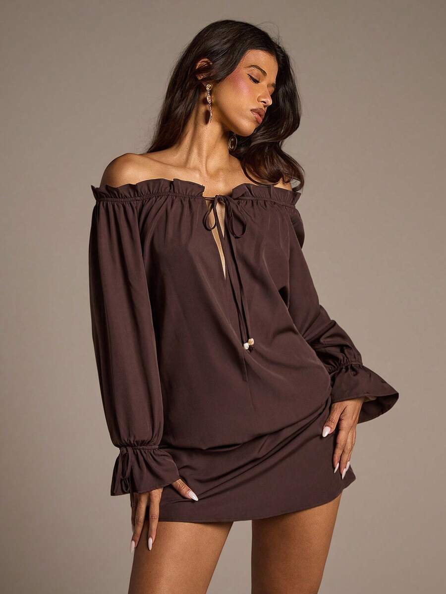 Aloruh Women's Off Shoulder Mini Dress With Puff Sleeves, Ruffle Hem, Bow & Beaded Decor, Bohemian Style Halloween Costumes Goth Dress Halloween Fall Winter Clothes For Women Fall Women Clothes Halloween Clothes Fall Clothes Halloween Clothes For Women Fall Outfits For Women Christmas Party