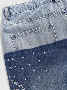 ROMWE MEN Street Life Men's Rhinestone Patchwork Contrast Color Denim Jeans - Blue - View 12