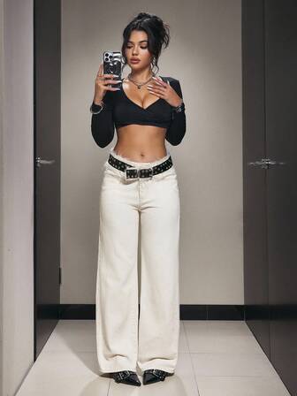 SHEIN PETITE Women's Pocketed Wide Leg Loose Casual Versatile Denim Jeans