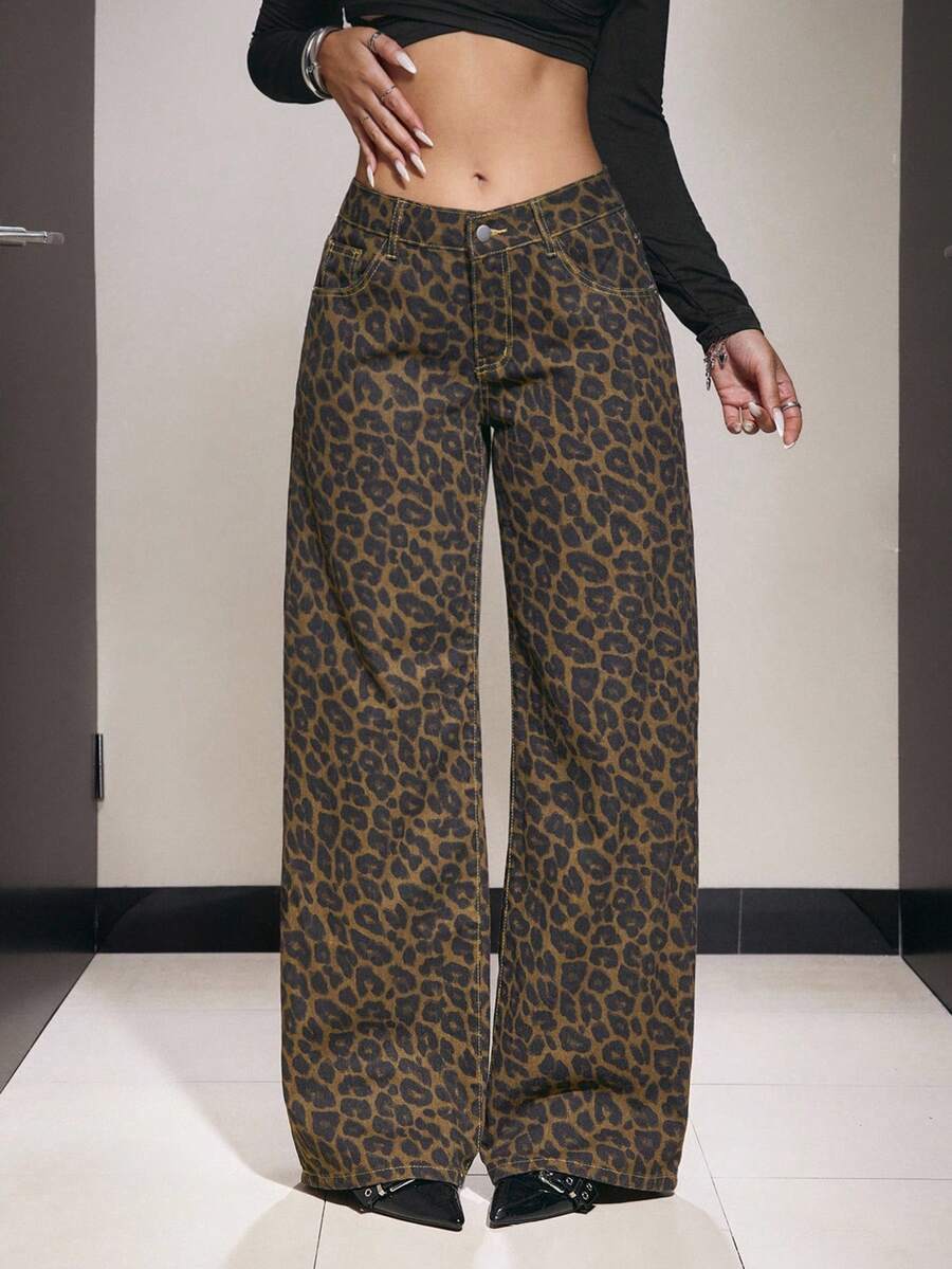 SHEIN PETITE 女款復古休閒豹紋寬鬆大廓形牛仔褲,適合嬌小女性 - 棕色 - 查看 1