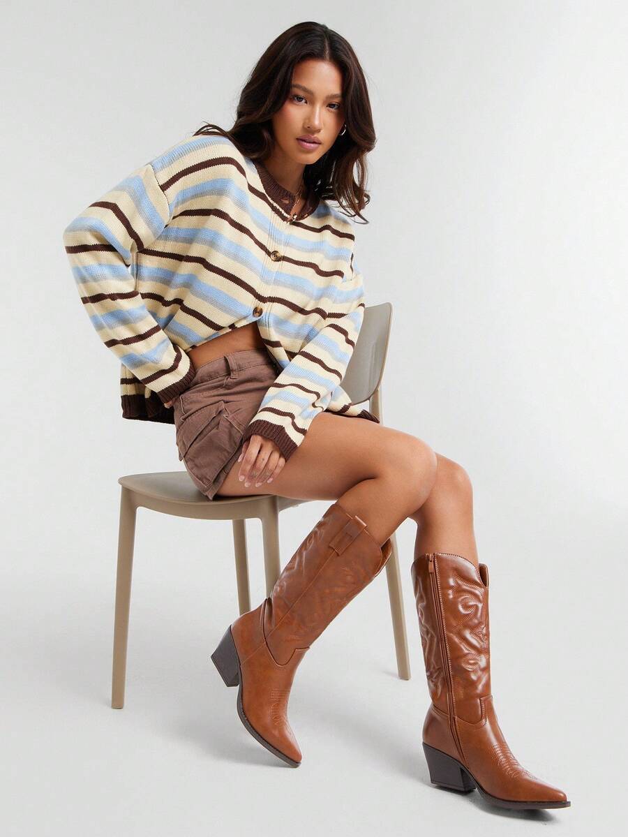 Solezae 迷人尖头粗跟刺绣中筒西部牛仔靴 - 紫紅色 - 查看 1