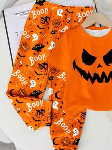 SHEIN Baby Boys Casual Stylish Classic Cool Halloween Pattern Print, Spider, Ghost, Pumpkin, Bat Graphic Round Neck Short Sleeve Top And Pants Set, Halloween Costume - Multicolor - View 5