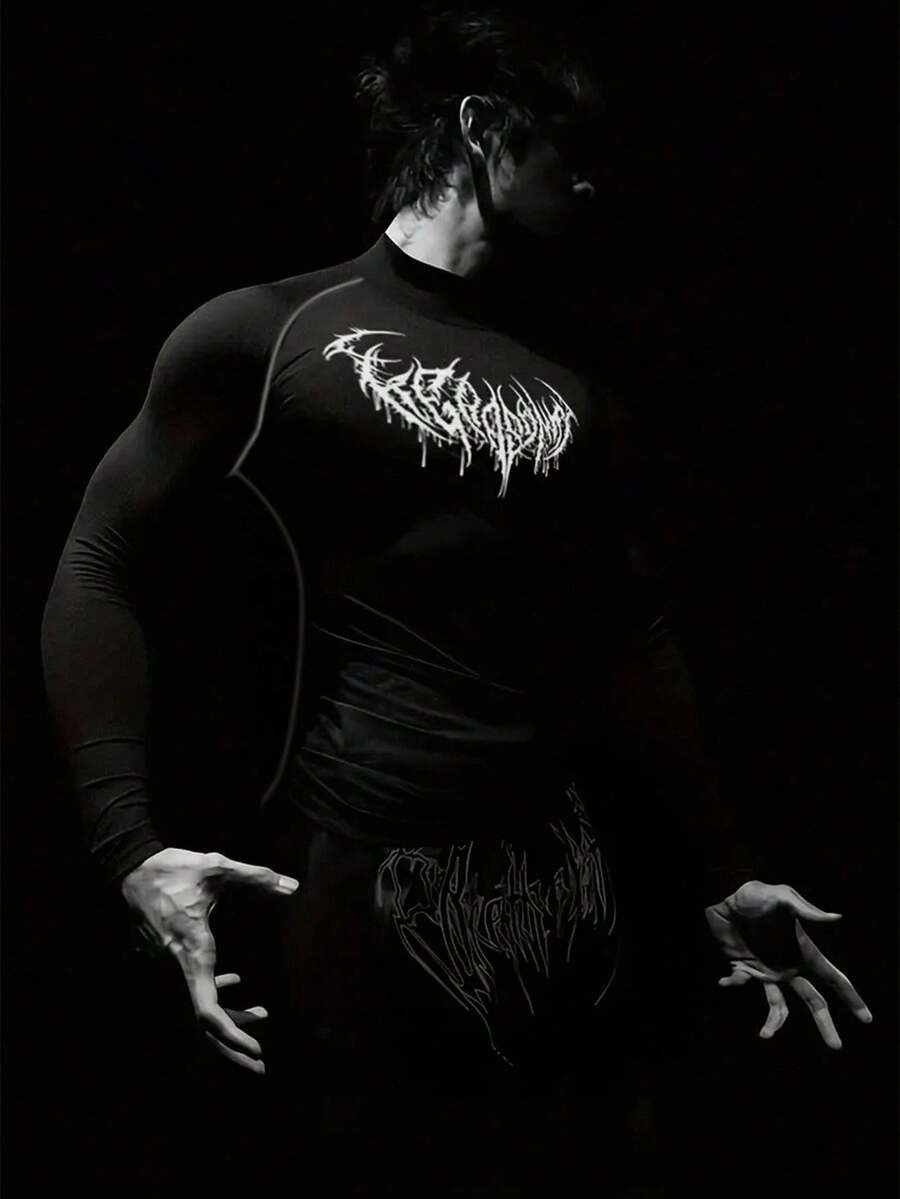 GymBeat 男士哥特印花立领插肩长袖运动T恤压缩衣 - 黑色 - 查看 1