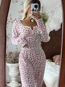 CottageSlumber CottageSlumber Lace Trim Square Neck 2-Button Romantic Ditsy Floral Long Sleeve Pajama Set, Fall Clothes Women Pajama Set Rose Pajama Set Floral Pajama Set Pajamas Set Two Pieces Lounge Wear Set Women  Cozy And Elegant Details