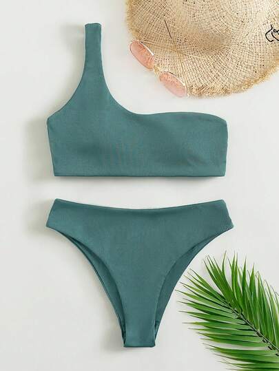 Swim Basics Rib One Shoulder Bikini Set,Summer Beach