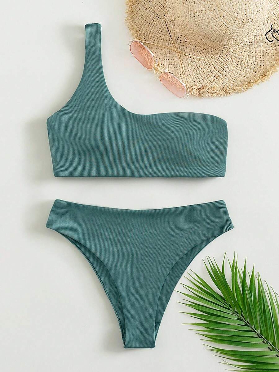 Swim Basics Rib One Shoulder Bikini Set,Summer Beach