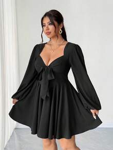 Elenzga Váy ngắn màu đen hở lưng buộc dây gợi cảm cỡ lớn dành cho nữ, mùa thu - màu đen - Xem 5