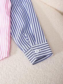 2pcs/Set Young Girl's Patchwork Contrast Color Asymmetrical Collar Long Sleeve Striped Back Bow Decor Shirt And Patchwork Striped Pants, Collegiate Casual Style, Suitable For All Seasons Fall Winter - Multicolor - View 4