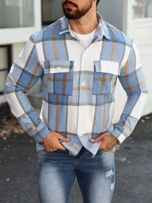 Manfinity Homme Casual Blue & White Plaid Pocket Men's Long Sleeve Shacket Flannels For Men Blue Flannel Shacket, Fall - Blue and White - View 6