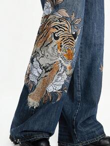 ROMWE Grunge Punk Quần jeans ống rộng cạp thấp họa tiết hổ và hoa phong cách Trung Hoa cổ điển dành cho cả nam và nữ - Màu xanh lam - Xem 3