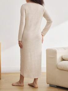 BloomMama Maternity Casual Striped Knit Round Neck Half-Zip Long Sleeve Nightgown Pregnancy Dress Pregnancy Clothing Maternity Dress Maternity Clothes Pregnancy Outfits Cozy And Elegant Details, Fall - Khaki - View 2