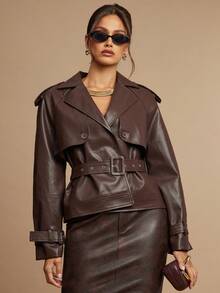 Silquee Áo khoác trench coat hai hàng khuy trơn màu dành cho nữ, phong cách đi làm - Màu nâu  Mocha - Xem 1
