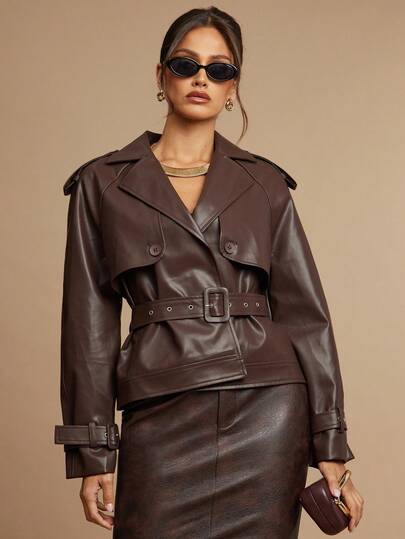 Silquee Women's Solid Color Double-Breasted Lace-Up Trench Coat, Commuter Style Women's Lapel Long Sleeve PU Leather Elegant Skirt Skirt Business Casual Women's Tie-Down Button Women's Suit Style Skirt Women's Autumn Clothes Women's Autumn Clothes Women's Winter Clothes Women's Christmas And Halloween Costumes Women's Office Clothes Women's Work Clothes Women's Work Clothes Office Clothes Women's Slim Waist Exquisite Lining Women's Skirt Matching Elegant Solid Color Fashion Skirt Brown Suitable For Matu,Fall