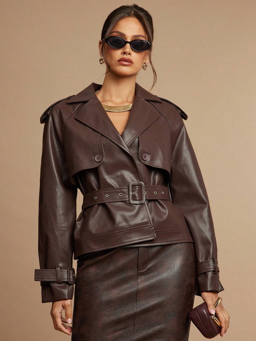 Silquee Áo khoác trench coat hai hàng khuy trơn màu dành cho nữ, phong cách đi làm - Màu nâu Mocha - Xem 1