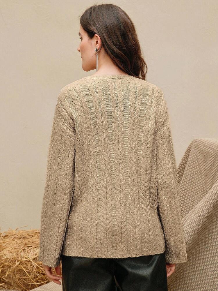 Khaki Round Neck Loose Asymmetrical Hem Flare Sleeve Pearled Knit Sweater, Mid-Length, Autumn/Winter