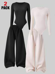 Sparklyn 2pcs/Set Tween Girls Casual Stylish Street Minimalist Round Neck Long Sleeve Jumpsuit & Wide Leg Pants Set, Thermal Lined, Autumn/Winter Fall - Multicolor - View 1