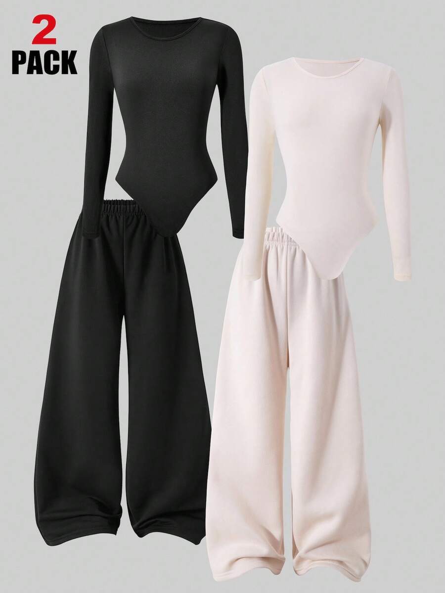 Sparklyn 2pcs/Set Tween Girls Casual Stylish Street Minimalist Round Neck Long Sleeve Jumpsuit & Wide Leg Pants Set, Thermal Lined, Autumn/Winter Fall - Multicolor - View 1