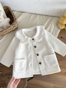 SHEIN 女婴幼儿新生儿0-3岁秋冬休闲优雅不对称领蝴蝶结大衣 - 杏色 - 查看 5