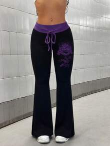 StreetHx 女式撞色拼布印花喇叭裤 - 紫色 - 查看 3