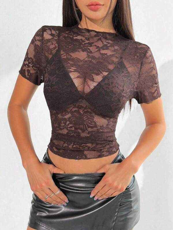 EgrlEra Women's Round Neck Short Sleeve Cropped Fitted Sexy Lace Sheer Blouse