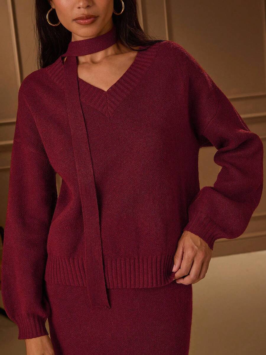 Lilora Damen Einfarbiger Pullover, Drop-Shoulder Langarm und gestrickter Mini-Rock Lässig 2-teiliges Set, Herbst - Bordeaux - Übersicht 1