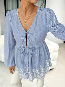 SHEIN Loose Maternity Front Tie Striped Burn-Out Embroidered Ruffle Hem Blouse - Blue and White - View 3