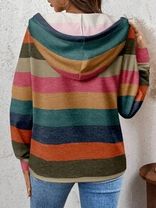 SHEIN LUNE New Women Color Block Striped Knit Sweatshirt, Suitable For Autumn/Winter Hoodie,Casual - Multicolor - View 2
