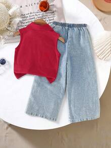 Elladie kids 女童休闲时尚日常 POLO 领无袖修身酒红色背心和松紧腰直筒樱桃刺绣牛仔裤套装 - 酒紅色 - 查看 2