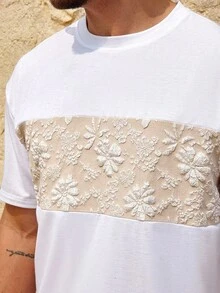 Manfinity Homme 男士休闲拼色提花拼布短袖 T 恤和短裤套装 - 彩色 - 查看 2