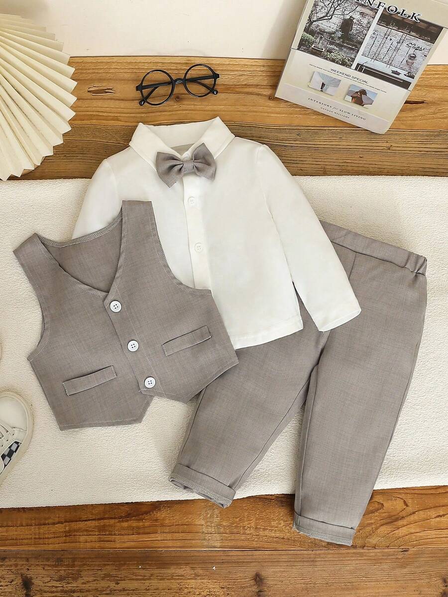 SHEIN 2pcs Gentleman Suit Includes Woven Vest And Trousers,Without Shirts And Accessories,Suitable For Birthday Party, Wedding, Stage Performance , Baby Boy ClothesBaby's First Mother's Day Outfit//Family Matching Outfits/Mommy And Me Outfits Fall Winter